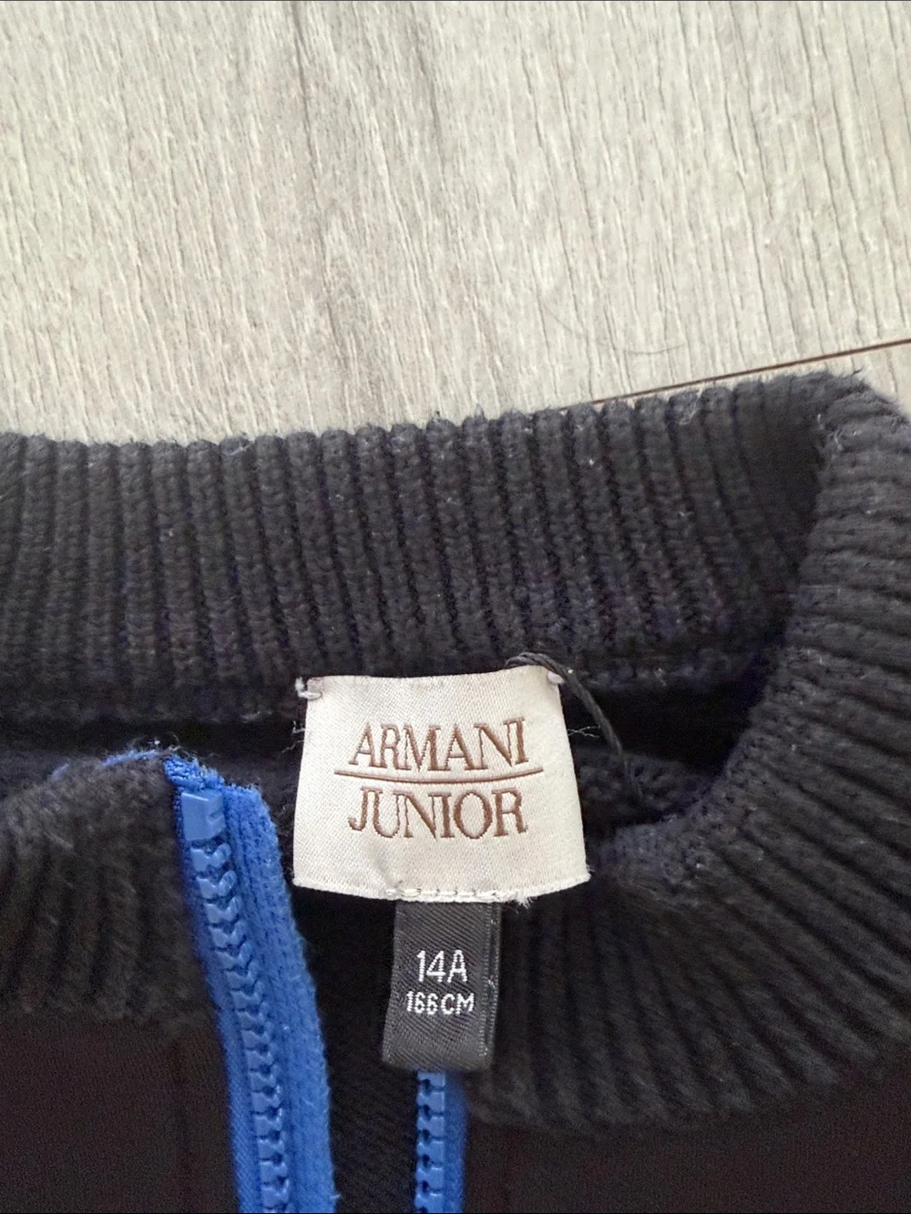Armani Junior kids Black Zip-Front Jacket with Blue Trim